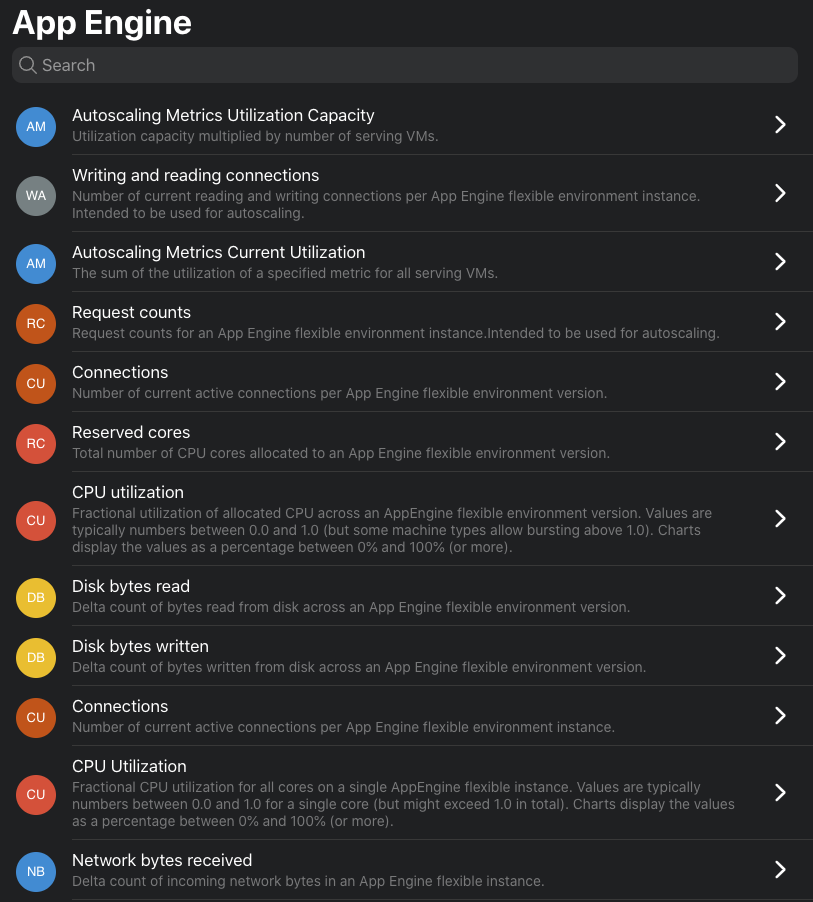 Google Cloud Metrics Selection